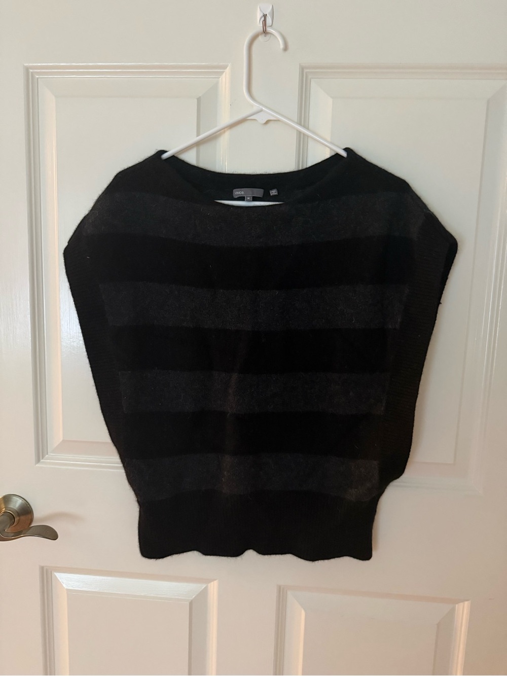 Vince Black and Charcoal Striped Short Sleeve Sweater, Cashmere / Alpaca / Wool